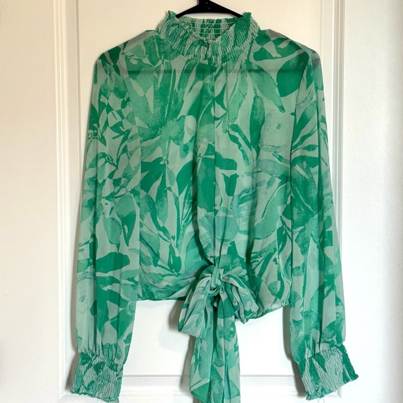 Green Floral Summer Mock Neck Lightweight Blouse - Picture 5 of 6